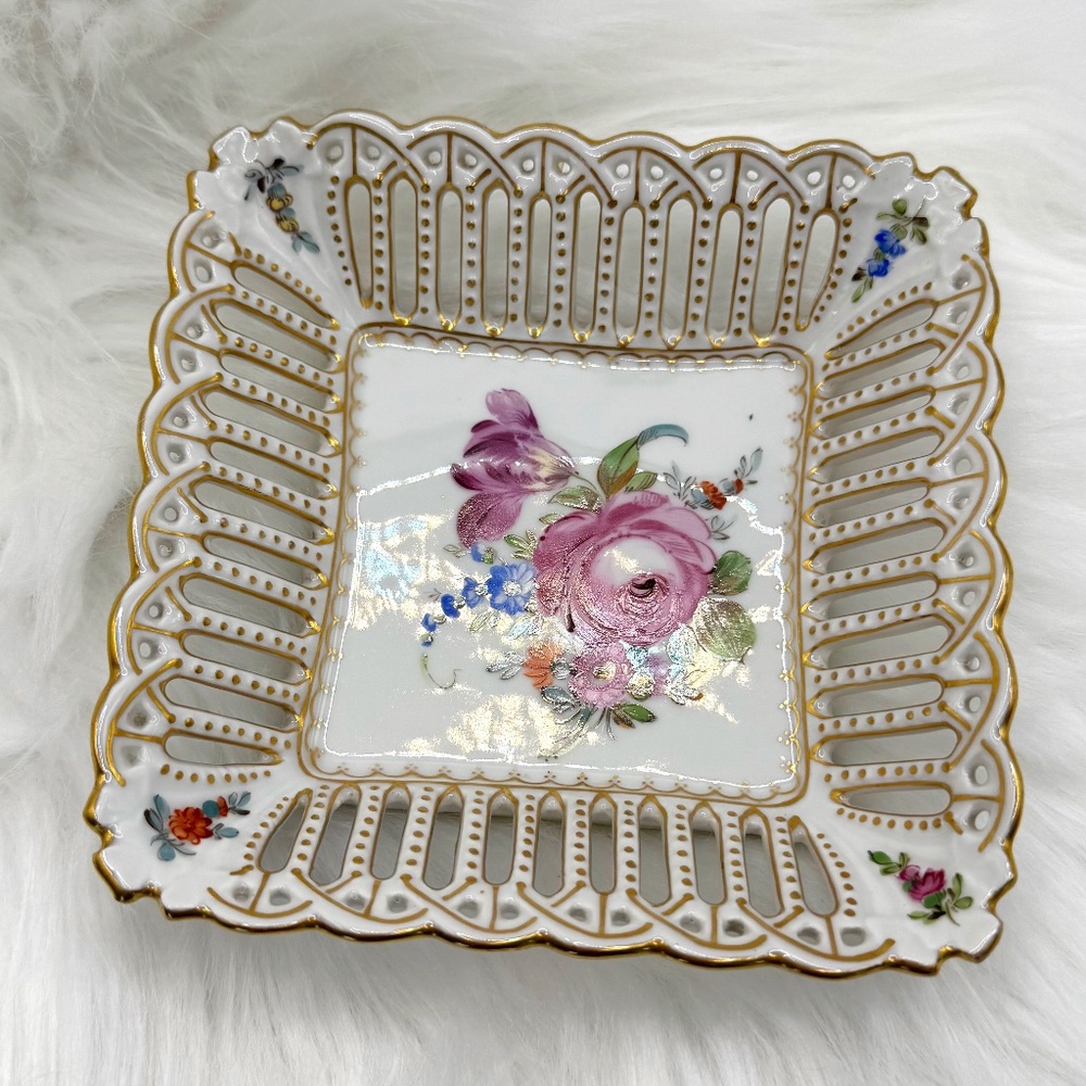 Vintage Dresden German Floral Reticulated China Basket Dish w/ Gold Trim
